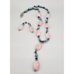 Relios Carolyn Pollack 925 Necklace Earrings Set Rose Quartz Amethyst Turquoise